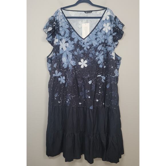 NWT Bloomchic Midi Dress Womens 20 Floral Ruffle Sleeve Fit Flare Blue - Picture 1 of 11